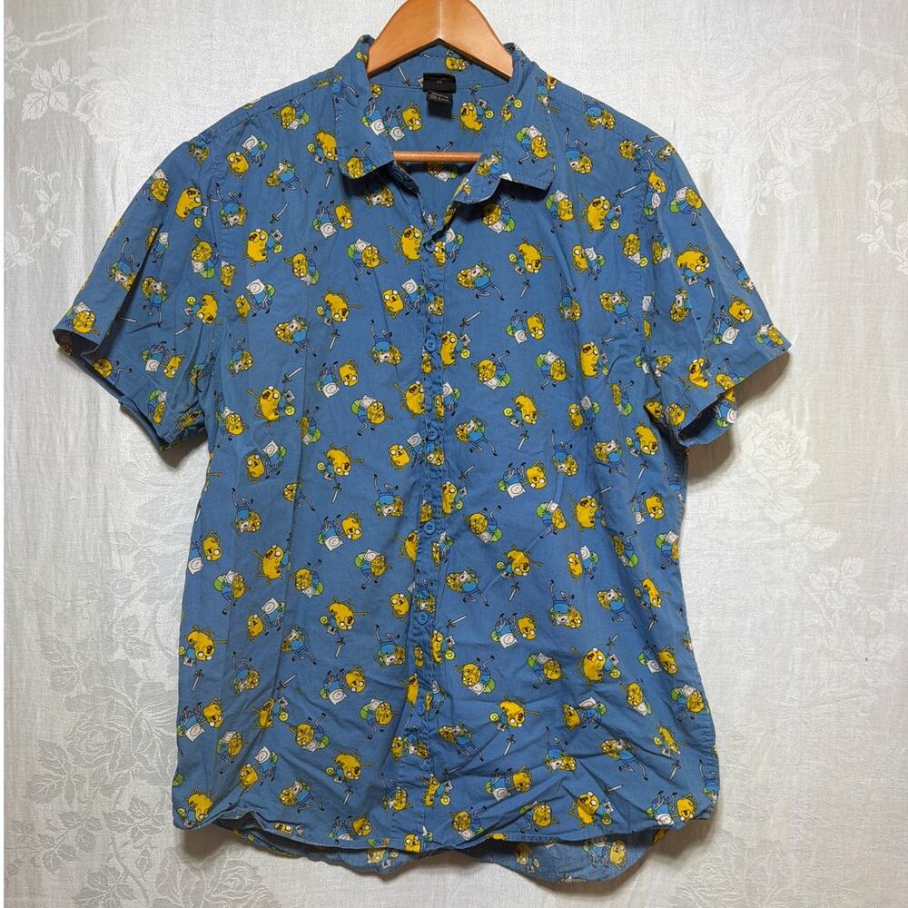 Adventure Time Finn Jake Button Up XL Blue Cartoon Network Short Sleeve